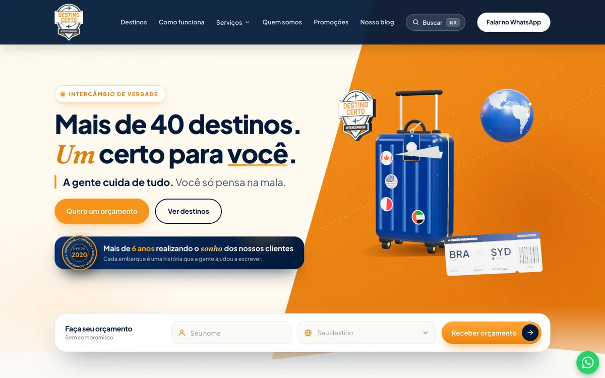 Página inicial do site da Destino Certo Intercâmbios