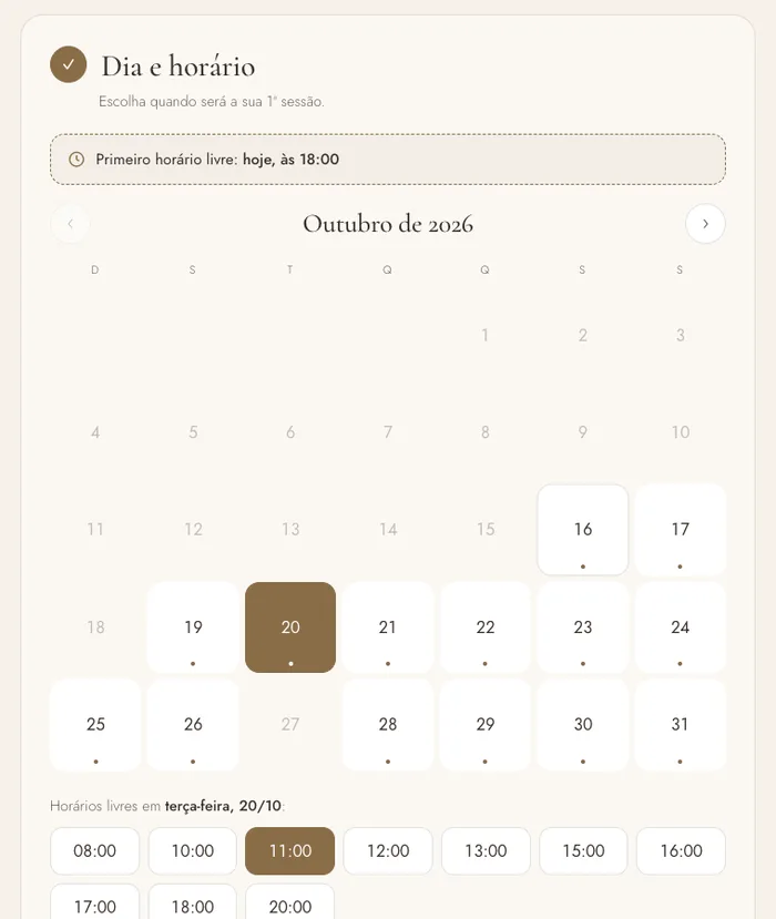 Calendário com os horários livres da agenda