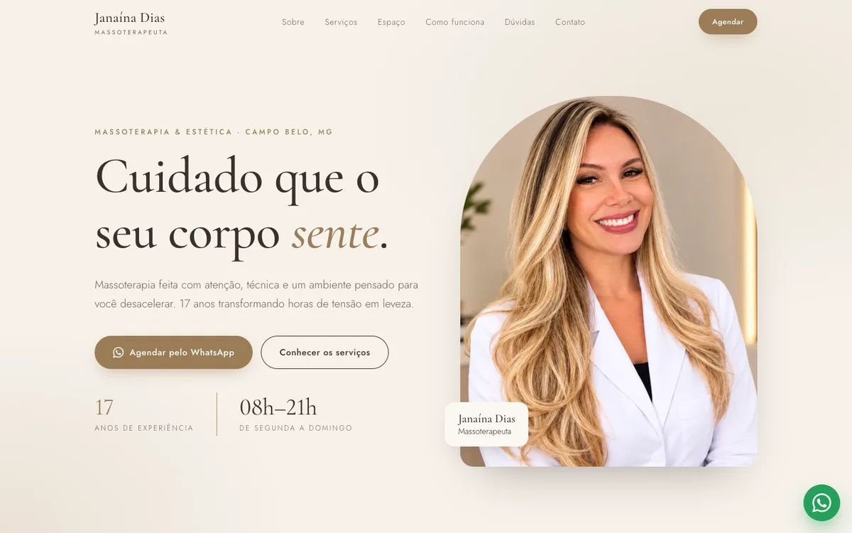 Página inicial do site da massoterapeuta Janaína Dias