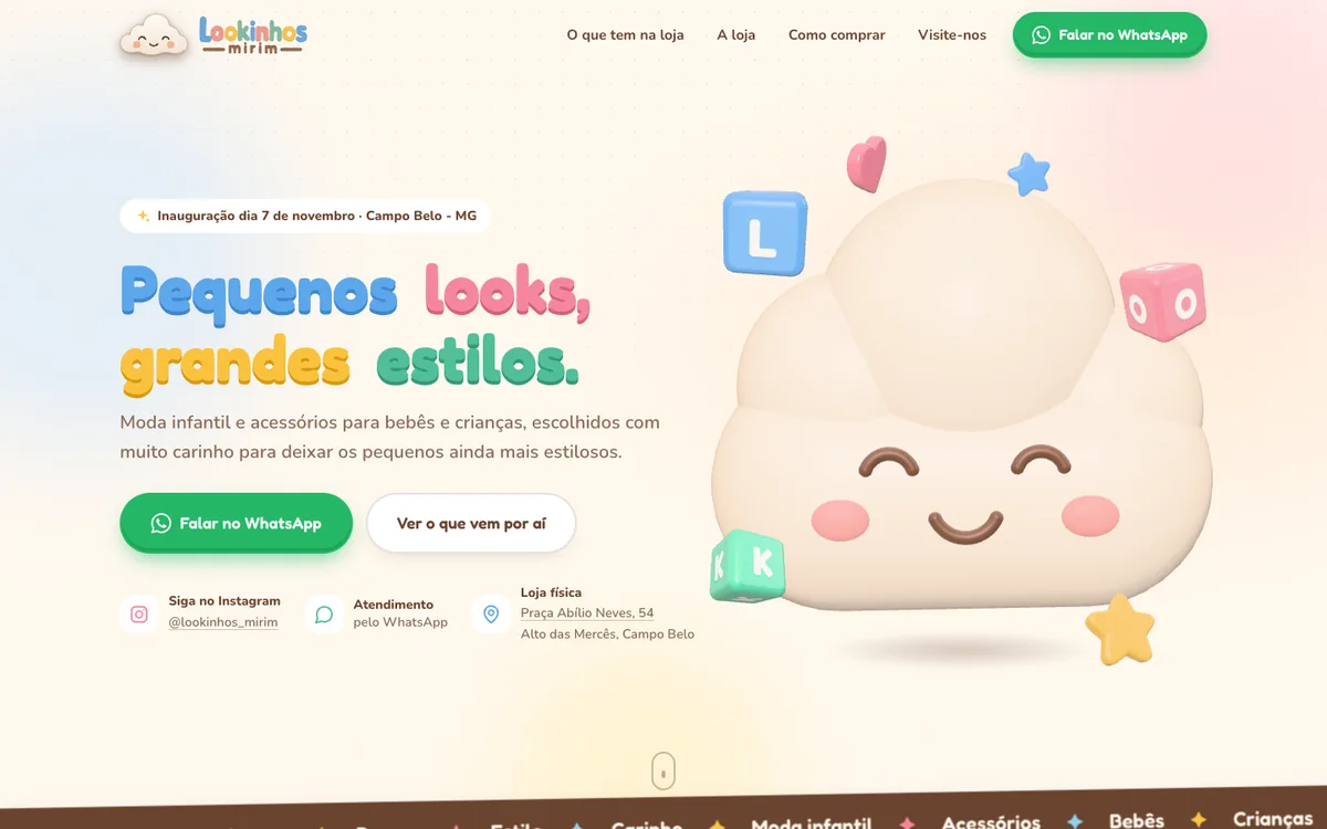 Página inicial do site da loja de moda infantil Lookinhos Mirim