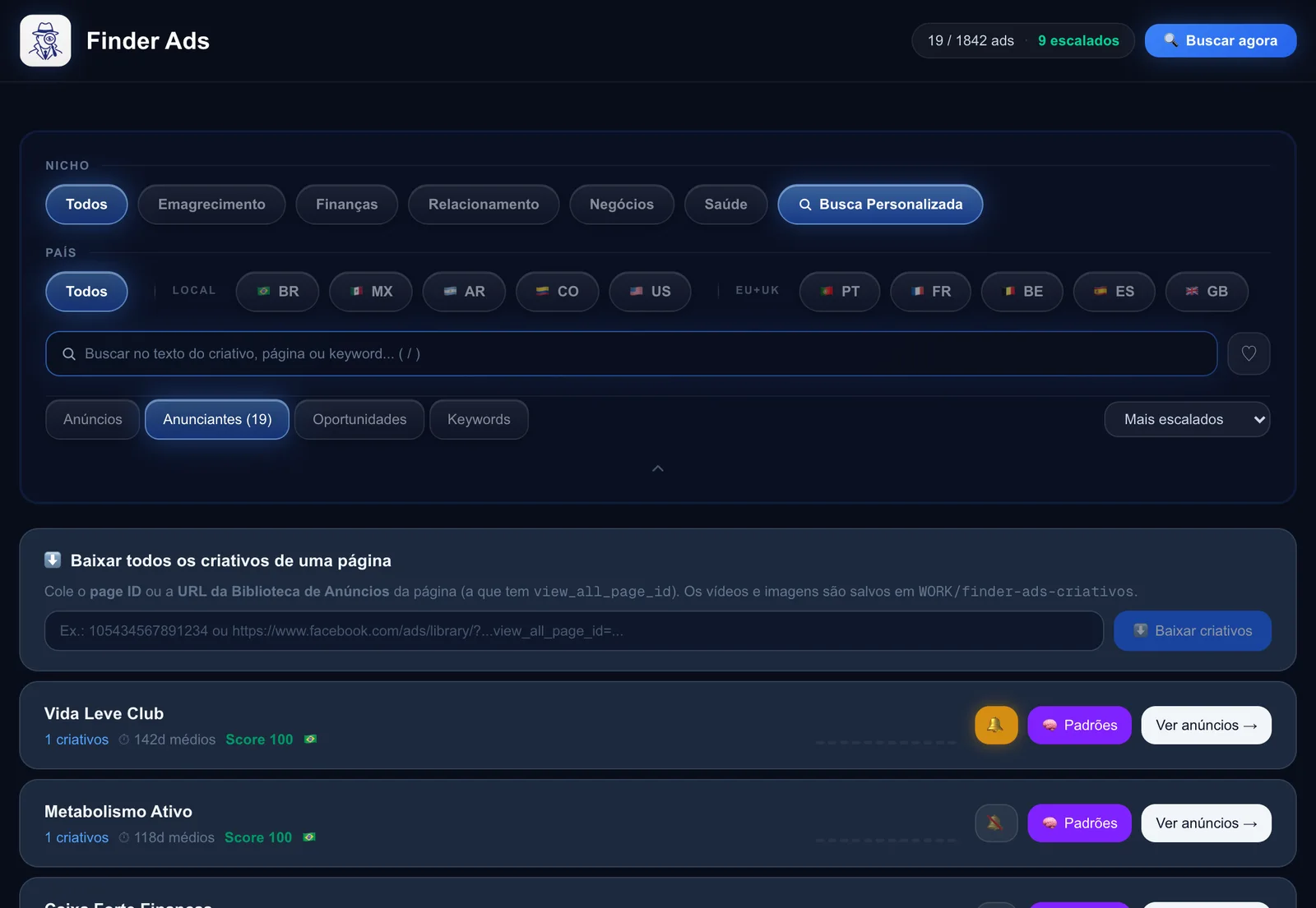 Ranking de anunciantes com tendência de criativos