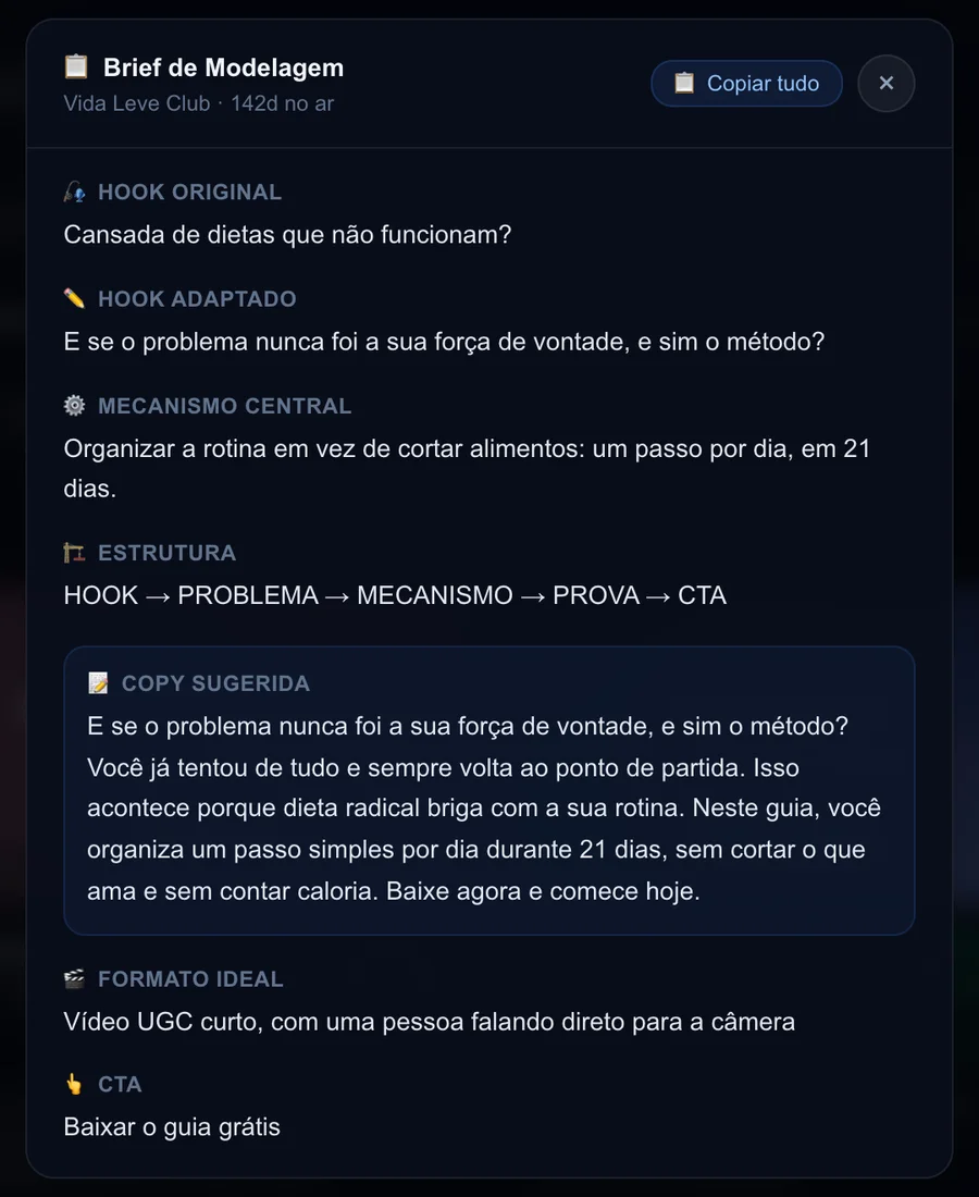 Brief de modelagem com gancho adaptado e copy sugerida